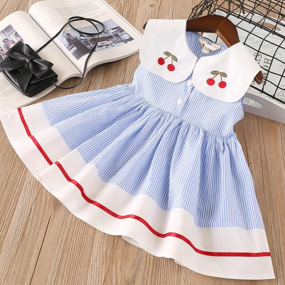 Girls Lapel Striped Dress Sleeveless Cherry Embroidered Princess Dress
