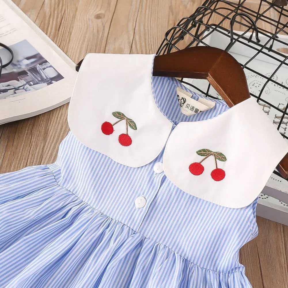 Girls Lapel Striped Dress Sleeveless Cherry Embroidered Princess Dress