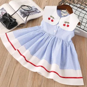 Girls Lapel Striped Dress Sleeveless Cherry Embroidered Princess Dress