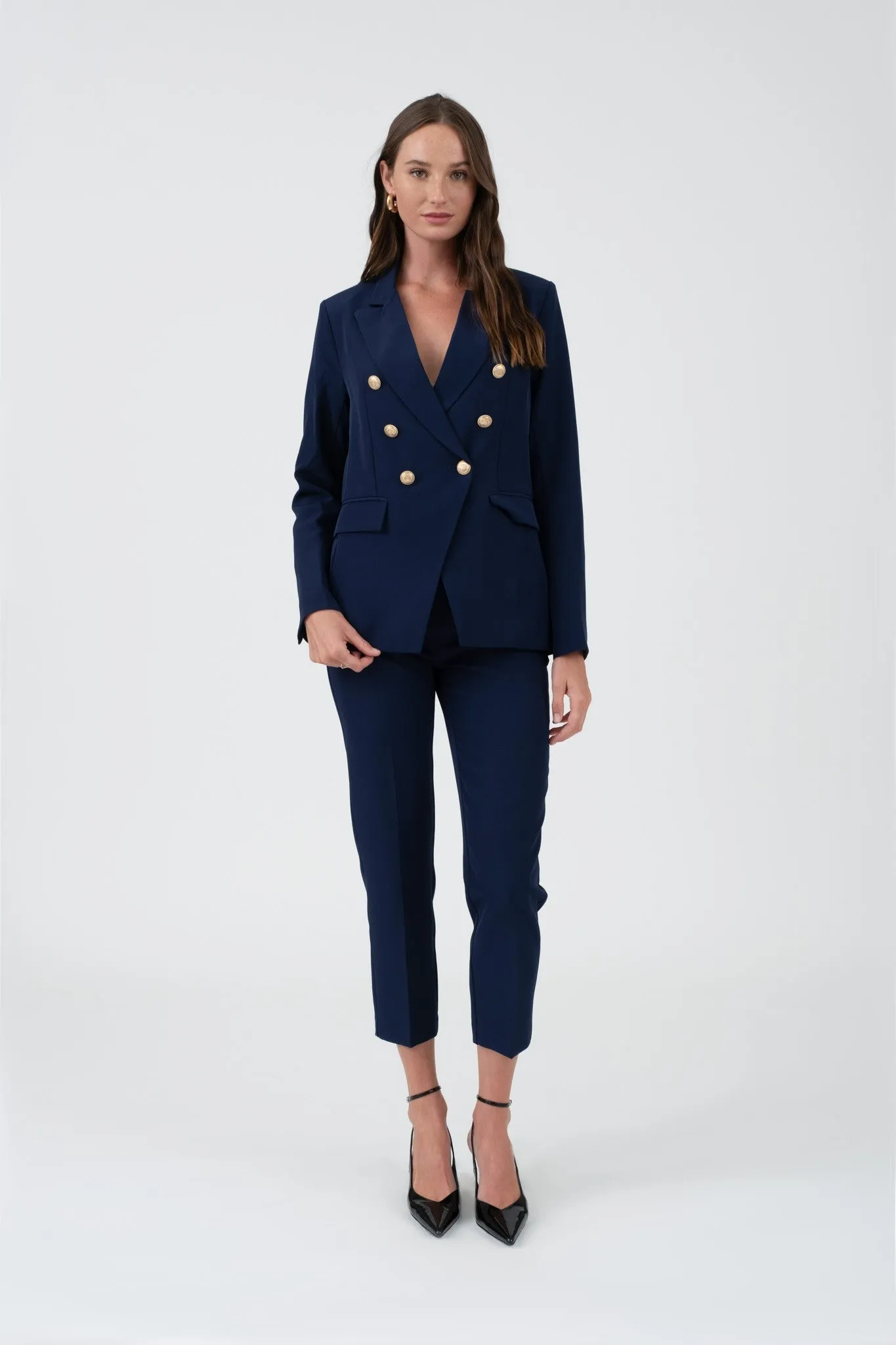 gold button double breasted blazer