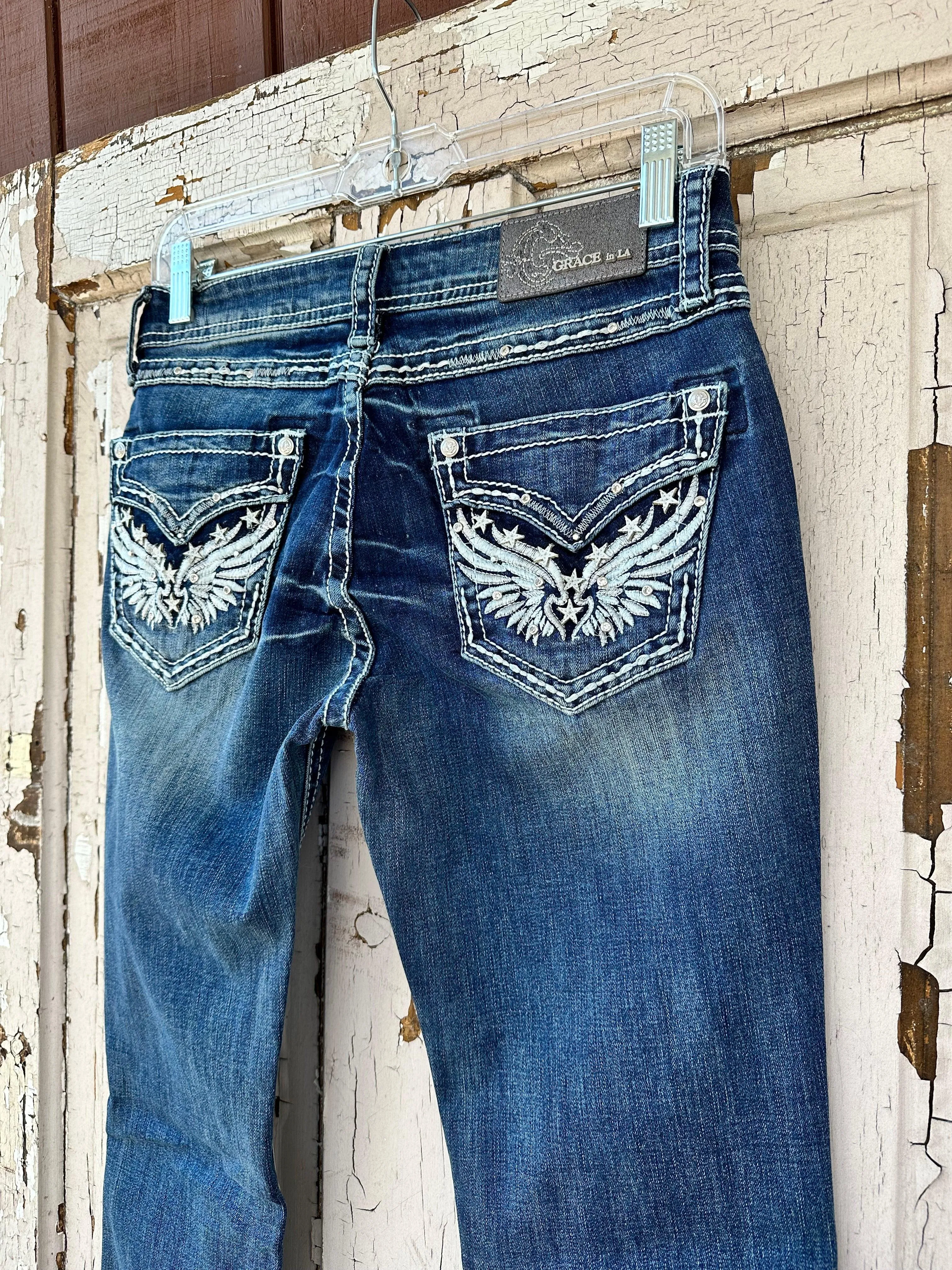 Grace in LA Women's Faux Flap Wing Mid-Rise Boot Cut Jeans JB81667SL