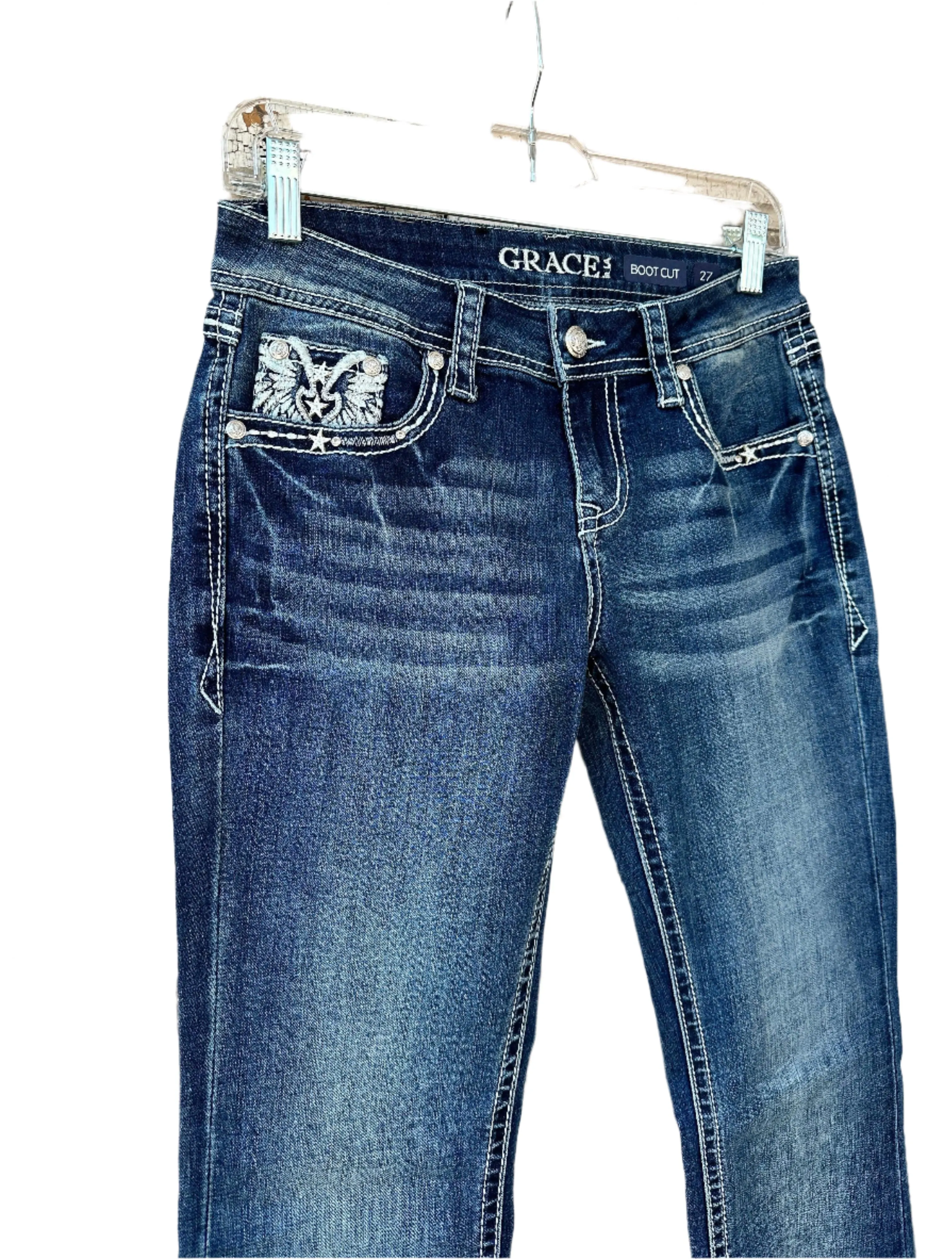 Grace in LA Women's Faux Flap Wing Mid-Rise Boot Cut Jeans JB81667SL