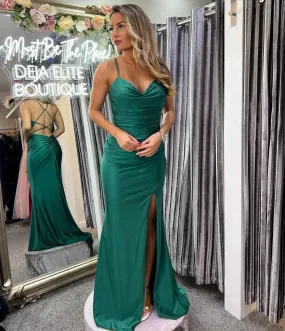 Julianna Forrest green backless slinky prom dress