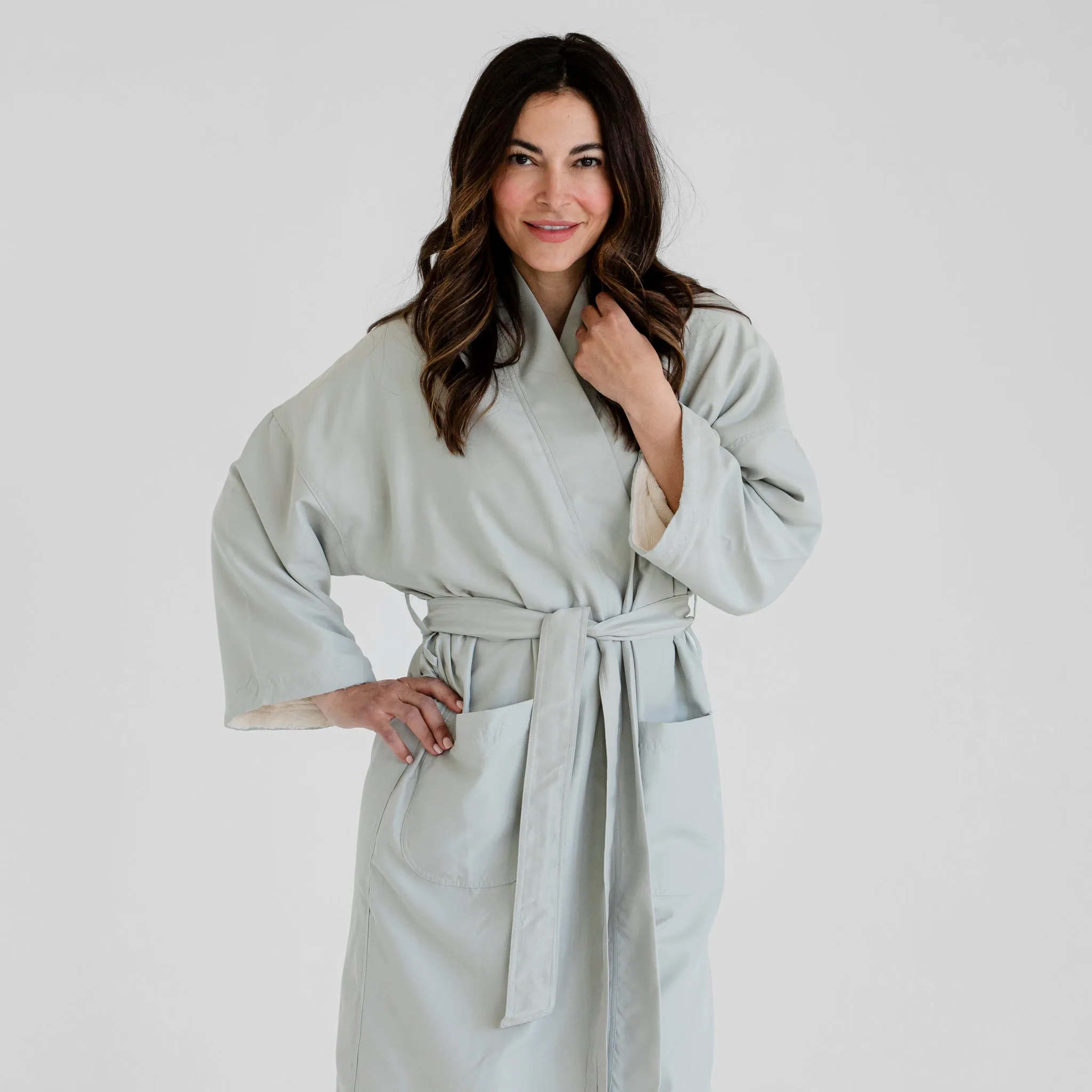 Kimono Plush Spa Robe - Sage/Ivory