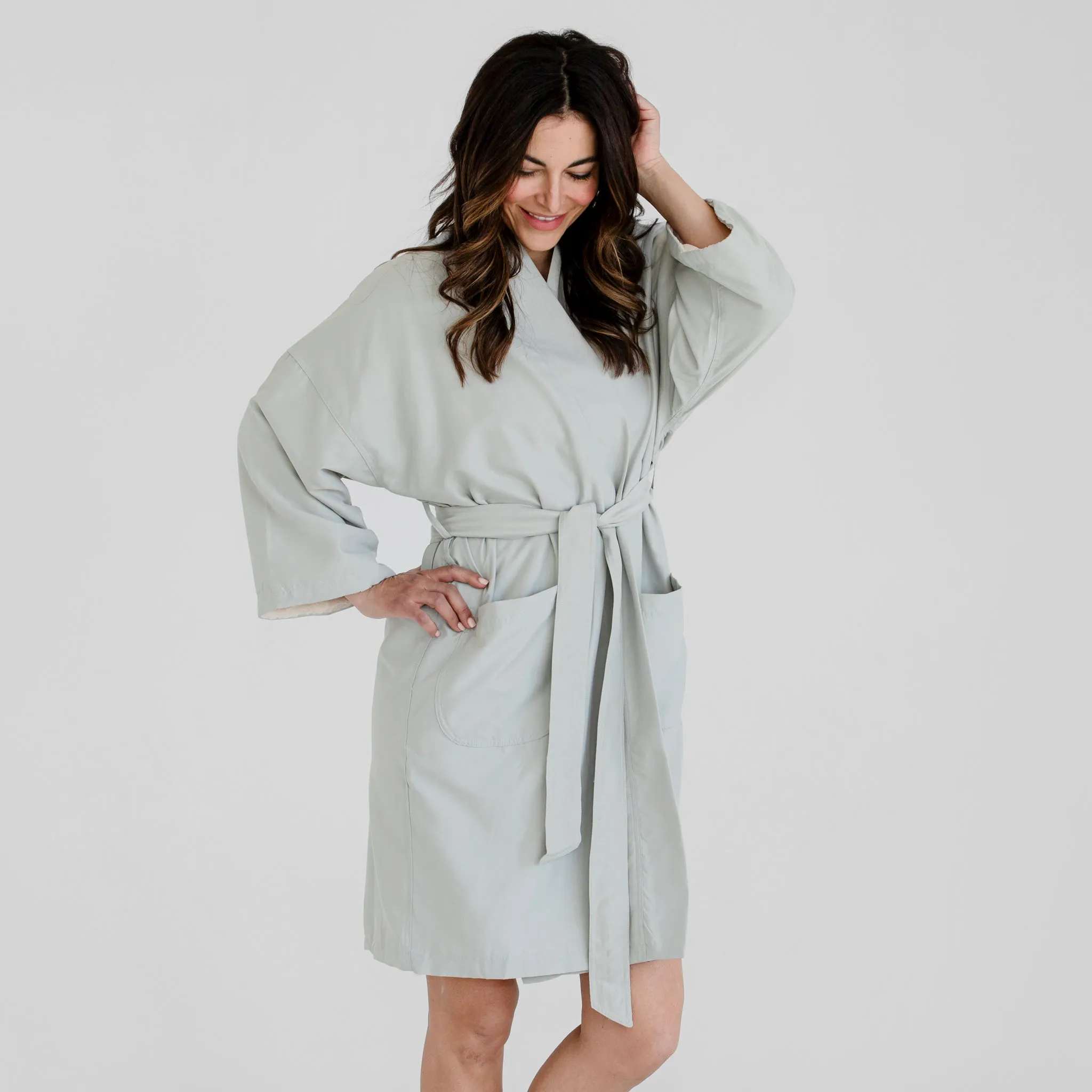 Kimono Plush Spa Robe - Sage/Ivory