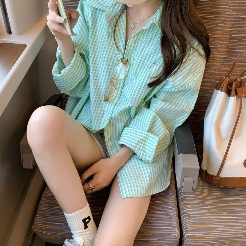 Lapel Striped Mid-Length Thin Sunscreen Polo Shirt