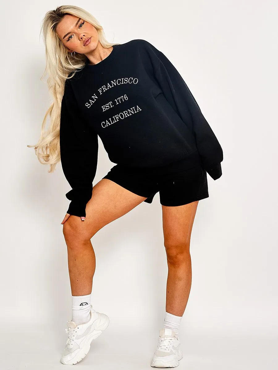 Leya Embroidered San Francisco Sweatshirt & Shorts Fleece Co-ord In Black