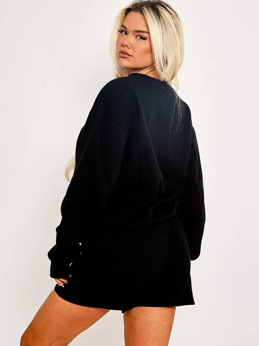Leya Embroidered San Francisco Sweatshirt & Shorts Fleece Co-ord In Black