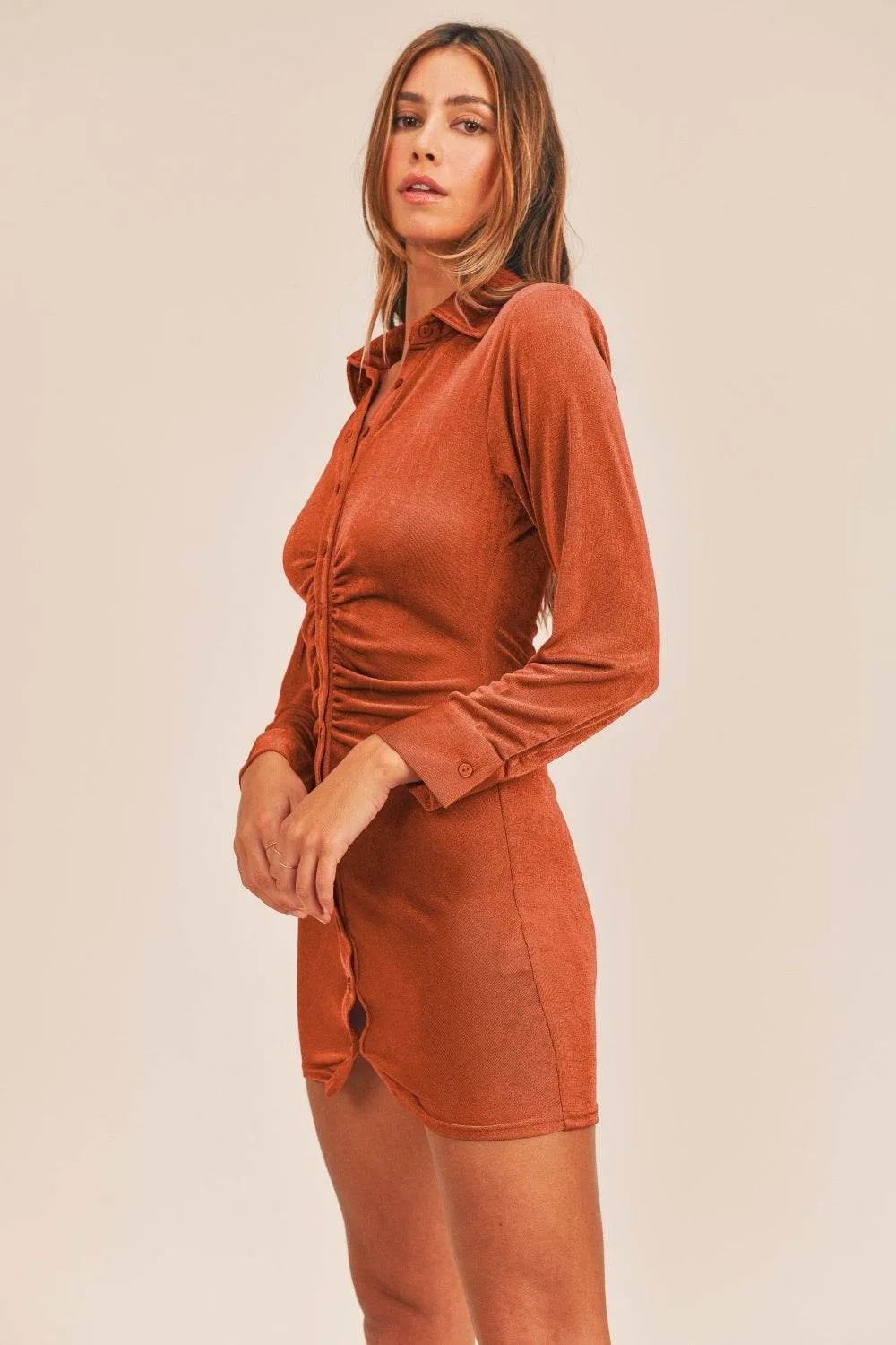 Mable Front Ruched Button-Down Skinny Mini Shirt Dress