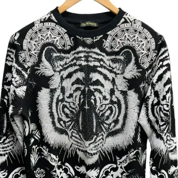 Men's Black Graphic Sweatshirt With Silver Stone Lion Head