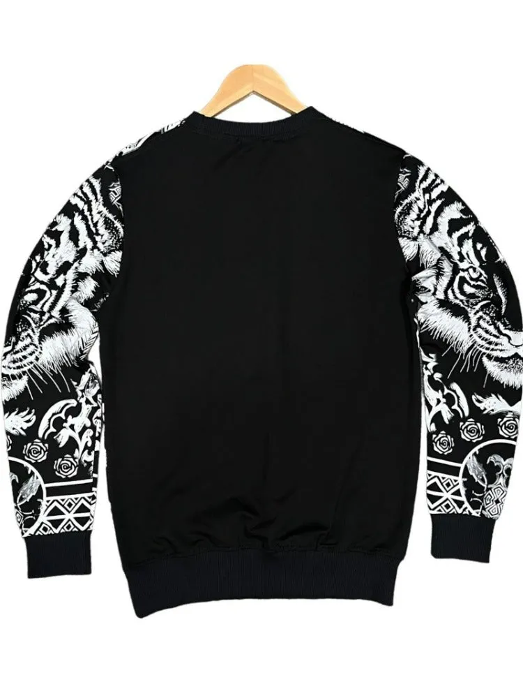 Men's Black Graphic Sweatshirt With Silver Stone Lion Head
