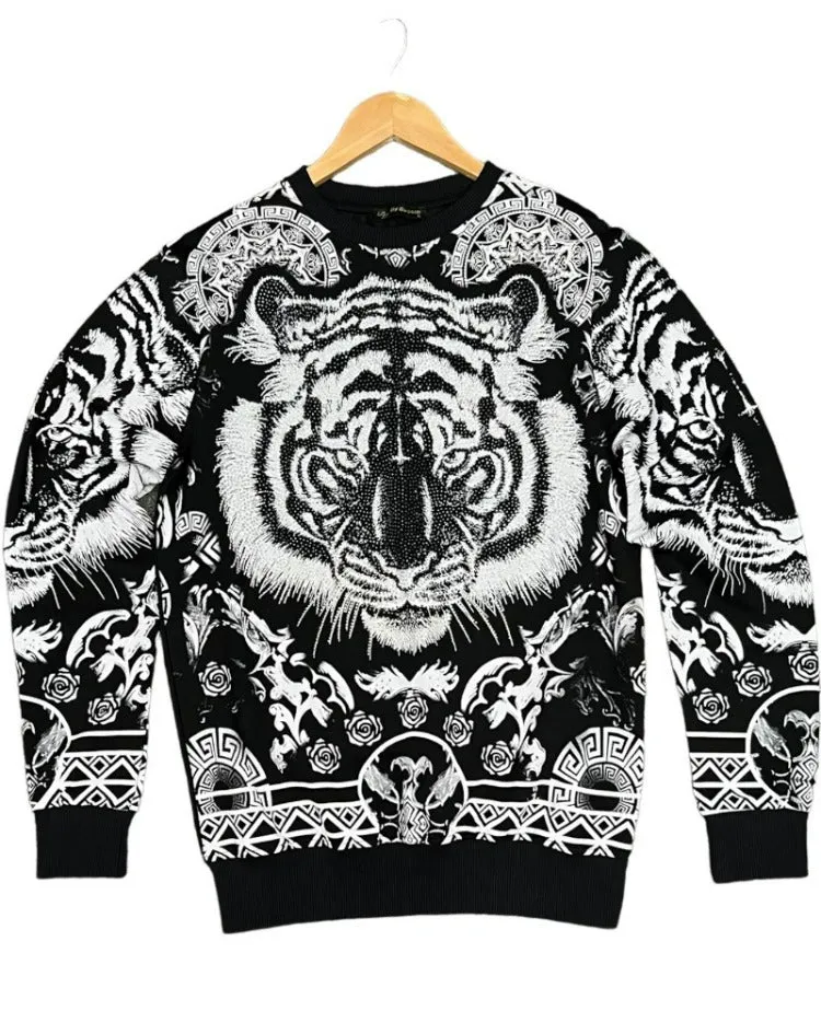 Men's Black Graphic Sweatshirt With Silver Stone Lion Head