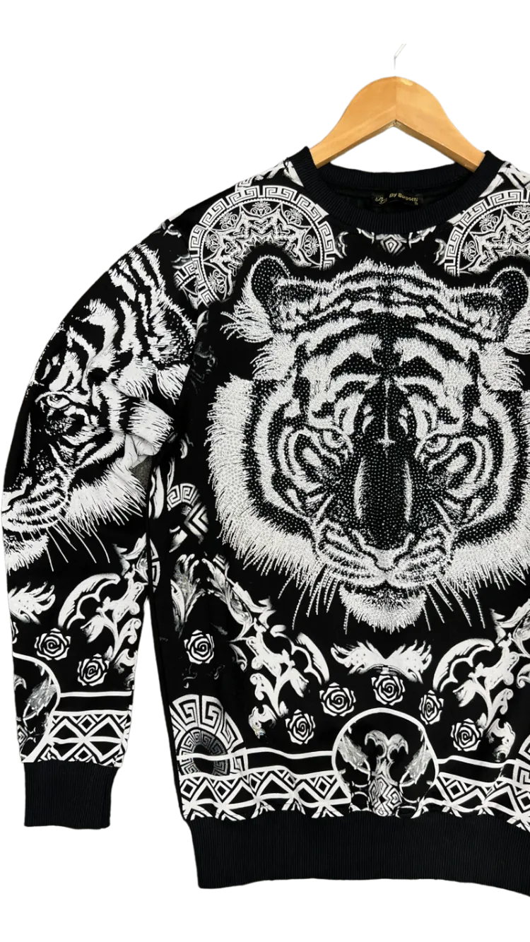 Men's Black Graphic Sweatshirt With Silver Stone Lion Head