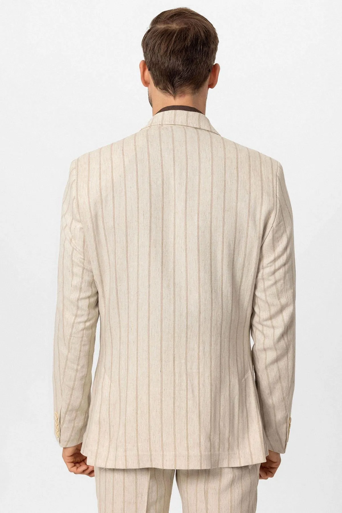 Men's Ecru-Mink Vizon Linen Blend Double-Breasted Jacket - Wessi