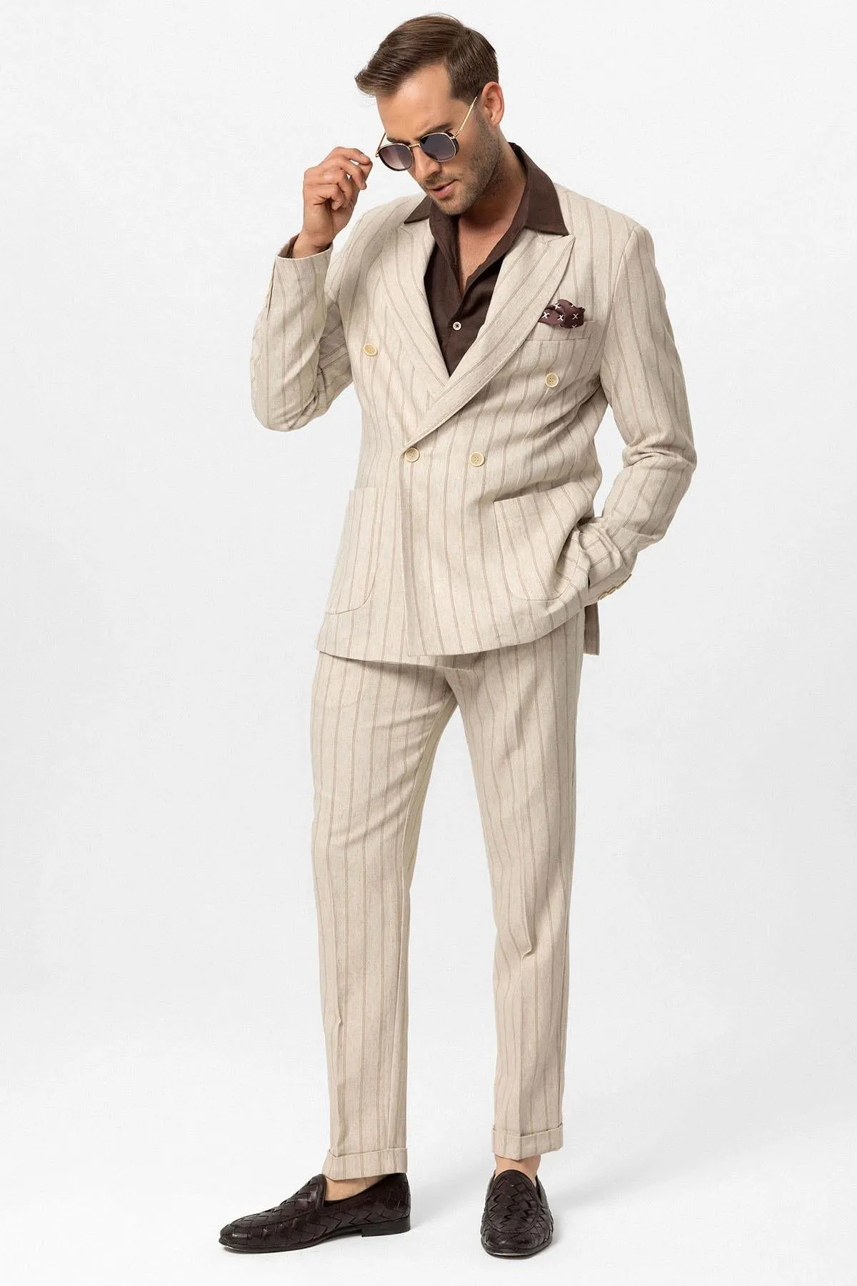 Men's Ecru-Mink Vizon Linen Blend Double-Breasted Jacket - Wessi