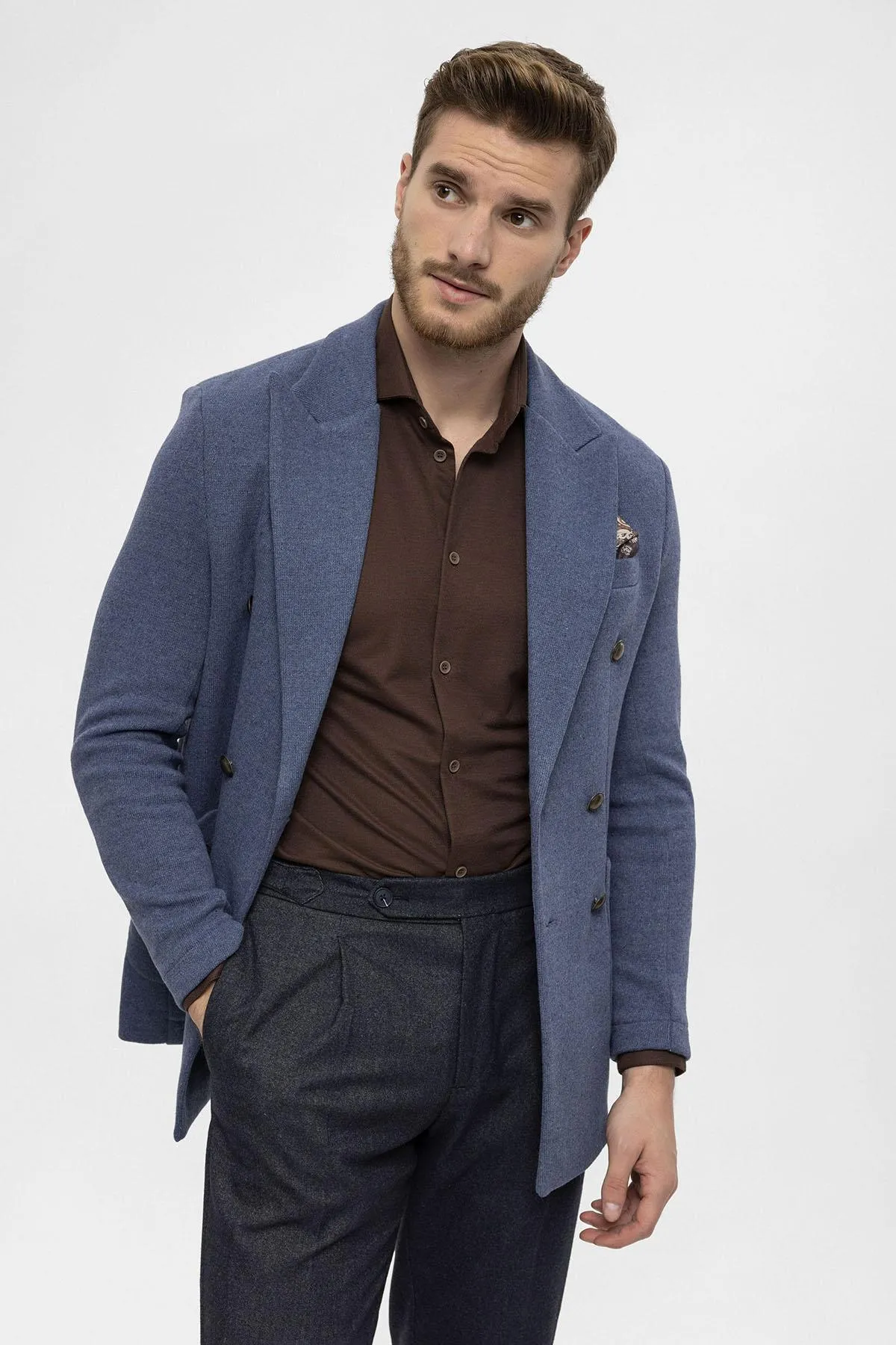 Men's Indigo Double-Breasted Knitwear  Blazer Jacket - Wessi