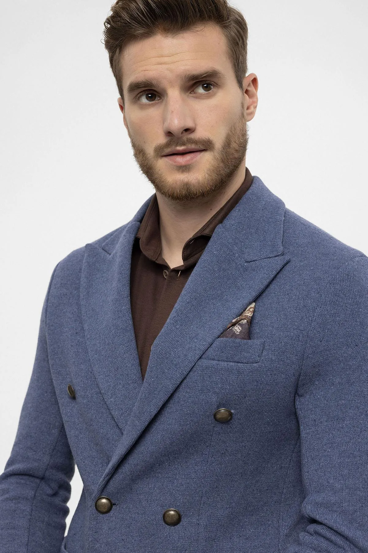 Men's Indigo Double-Breasted Knitwear  Blazer Jacket - Wessi