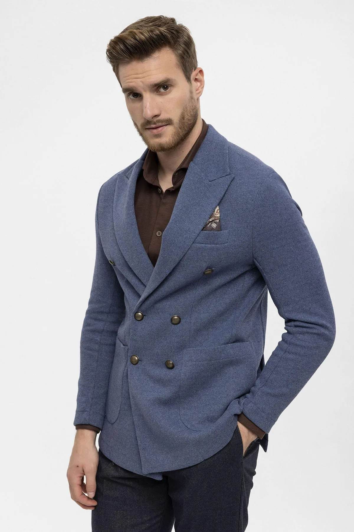 Men's Indigo Double-Breasted Knitwear  Blazer Jacket - Wessi