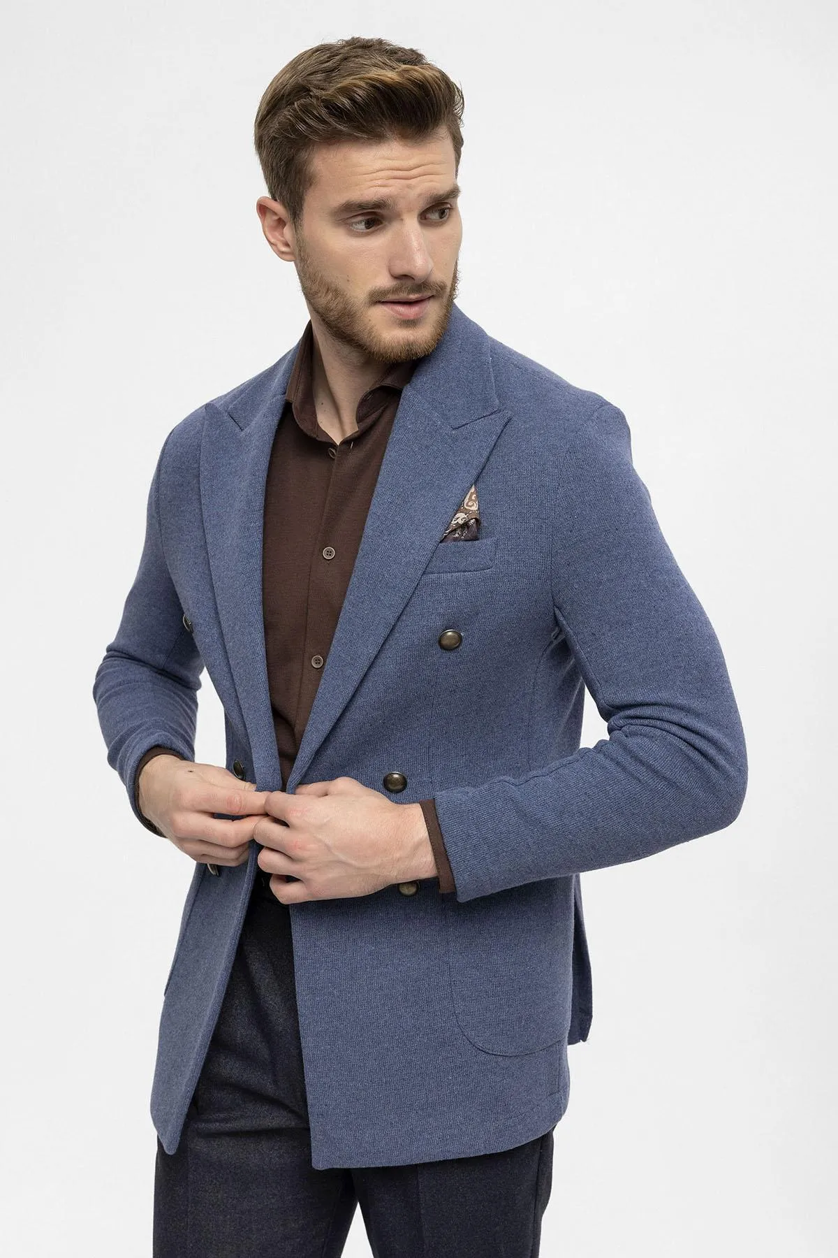Men's Indigo Double-Breasted Knitwear  Blazer Jacket - Wessi