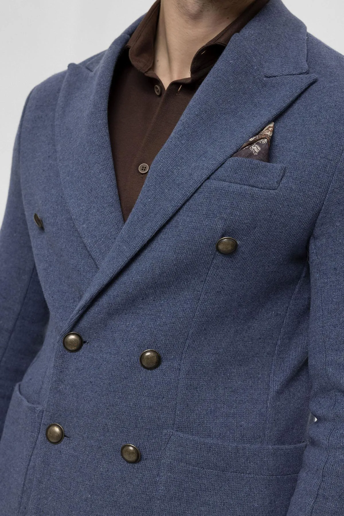 Men's Indigo Double-Breasted Knitwear  Blazer Jacket - Wessi