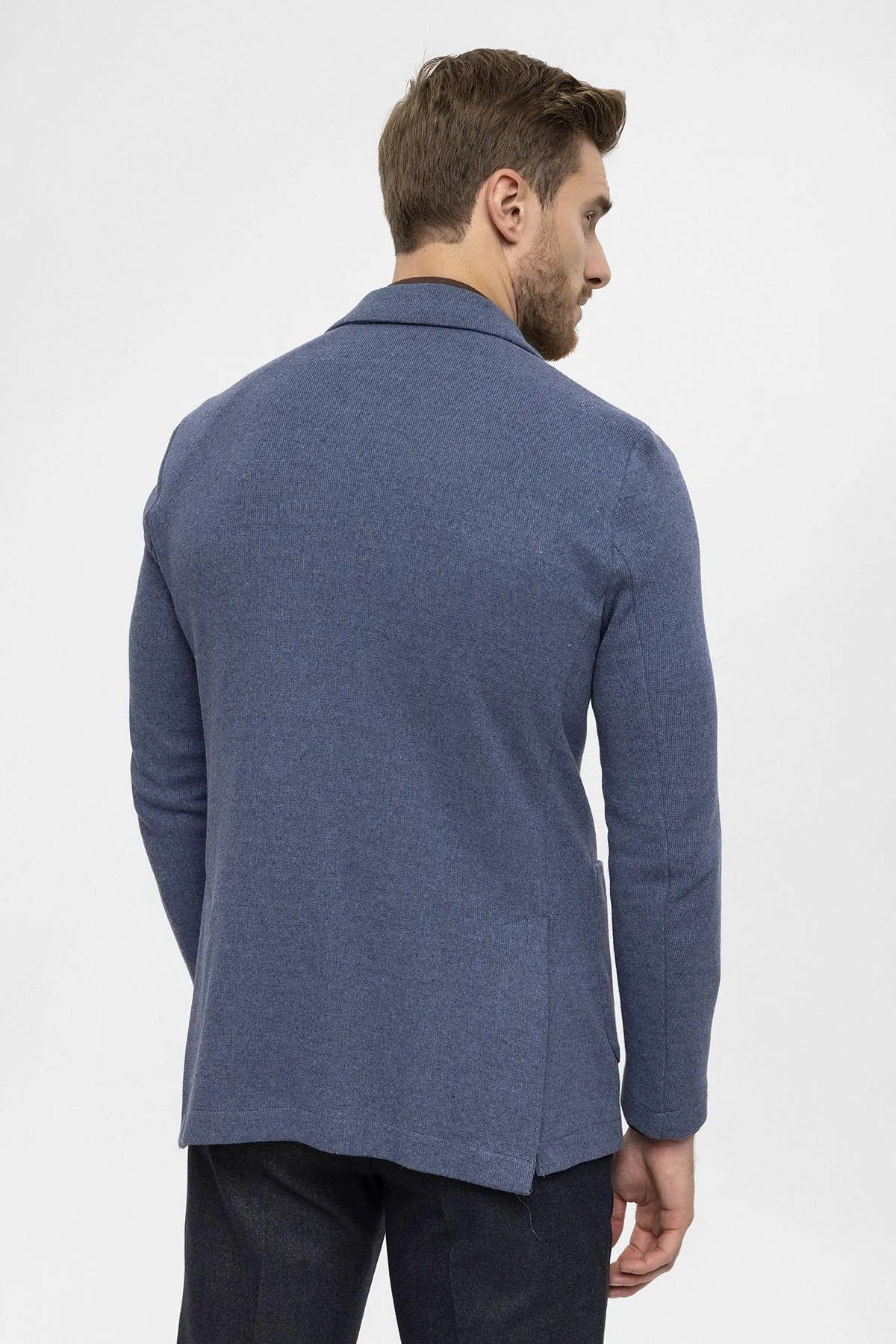 Men's Indigo Double-Breasted Knitwear  Blazer Jacket - Wessi