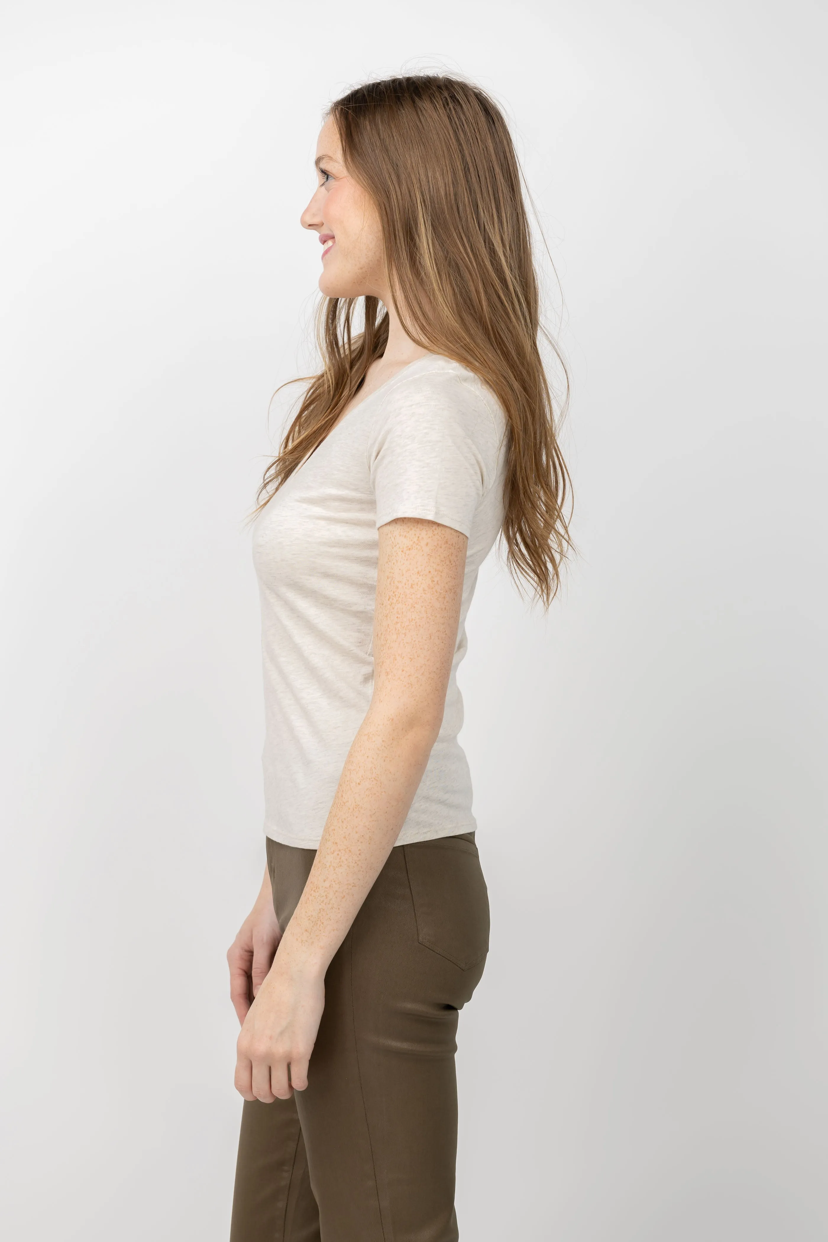 NATION LTD Blair Slim V-Neck T-shirt in Heather Oatmeal