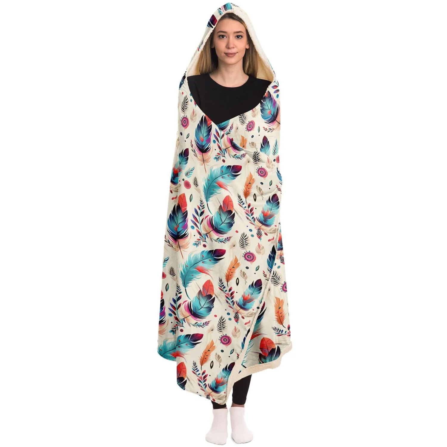 Native American Indian Feather Design Hooded Blanket - All Over Print - Southwest Boho