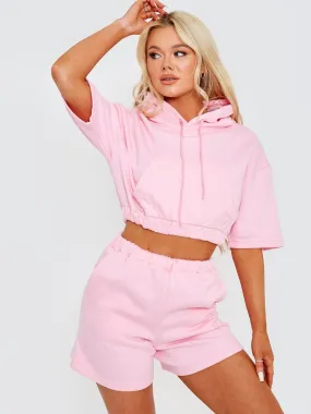Nawel Cropped Hoodie & Shorts Fleece Co-ord In Pink
