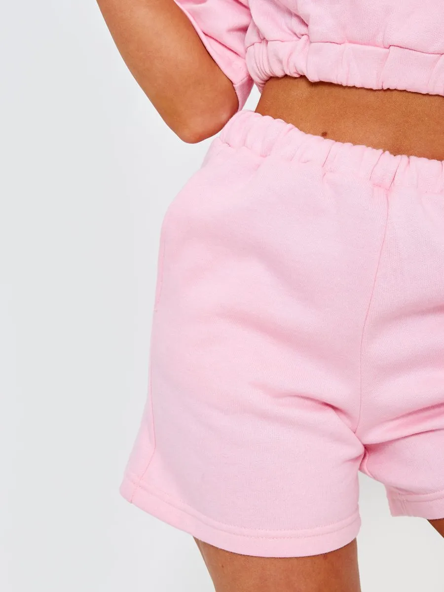 Nawel Cropped Hoodie & Shorts Fleece Co-ord In Pink