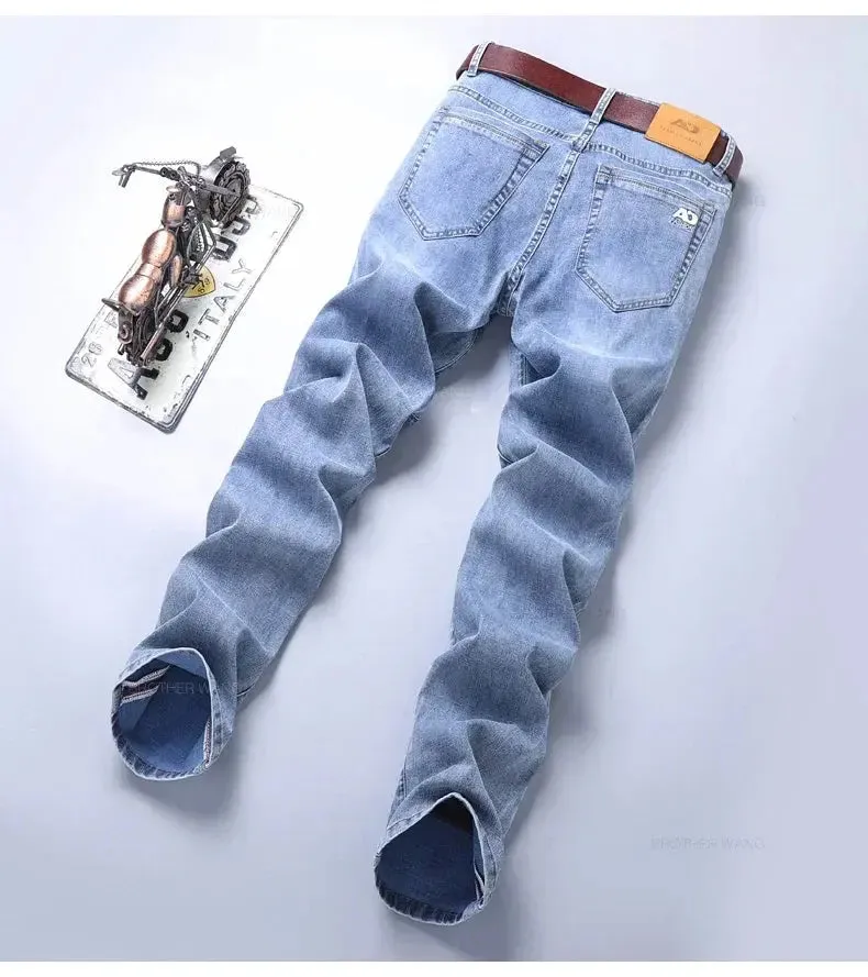 New Men's Slim Jeans Light Blue Casual Stretch Denim Pants Classic