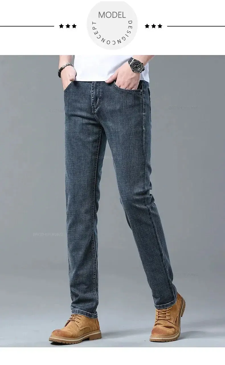 New Men's Slim Jeans Light Blue Casual Stretch Denim Pants Classic