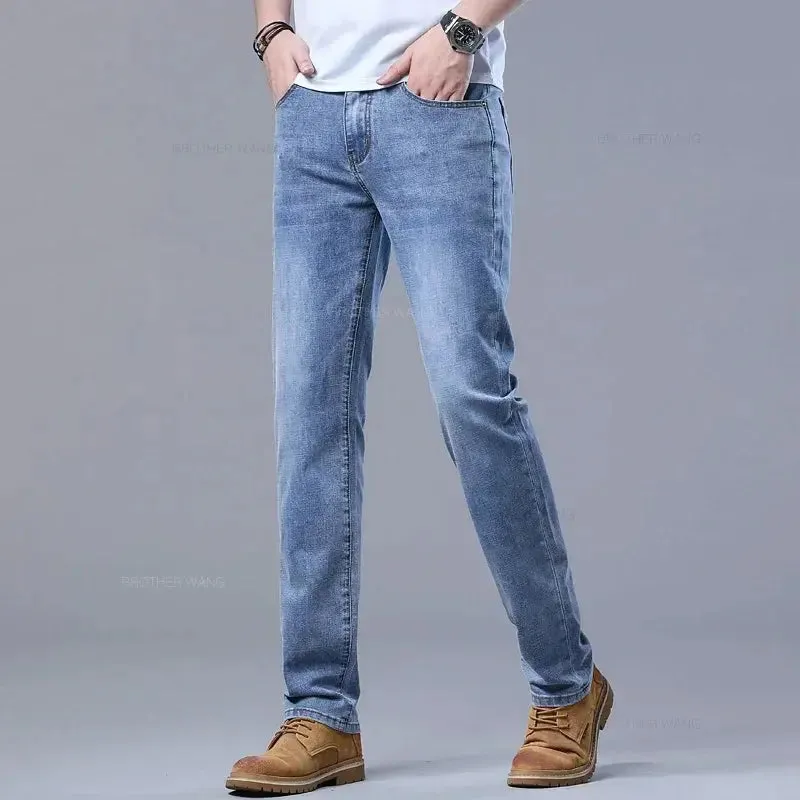 New Men's Slim Jeans Light Blue Casual Stretch Denim Pants Classic