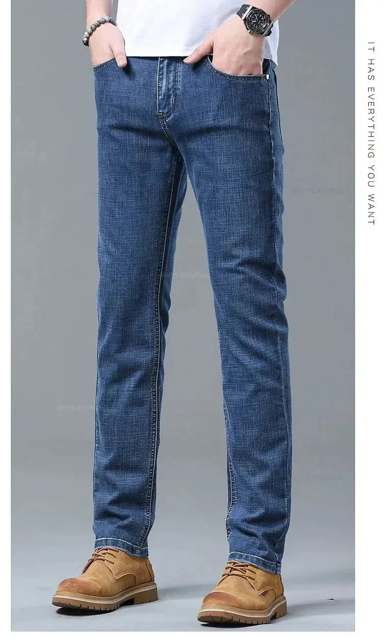 New Men's Slim Jeans Light Blue Casual Stretch Denim Pants Classic