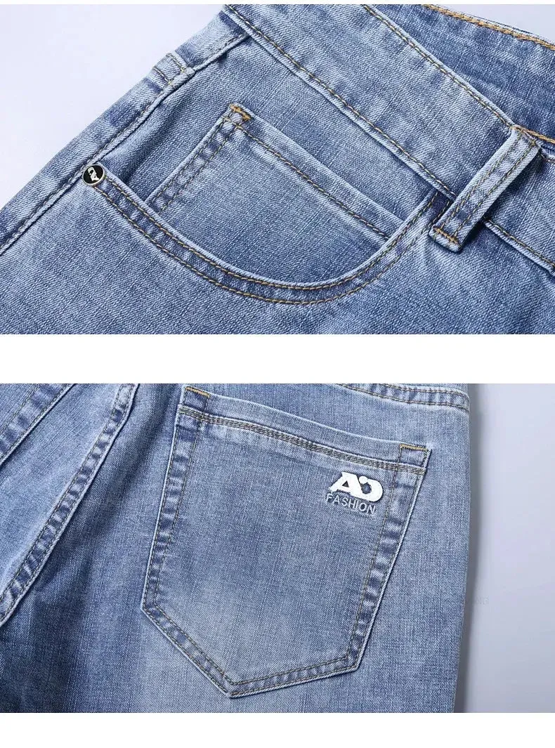 New Men's Slim Jeans Light Blue Casual Stretch Denim Pants Classic