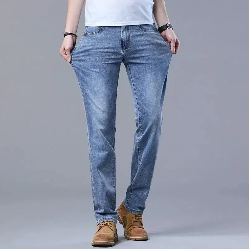 New Men's Slim Jeans Light Blue Casual Stretch Denim Pants Classic
