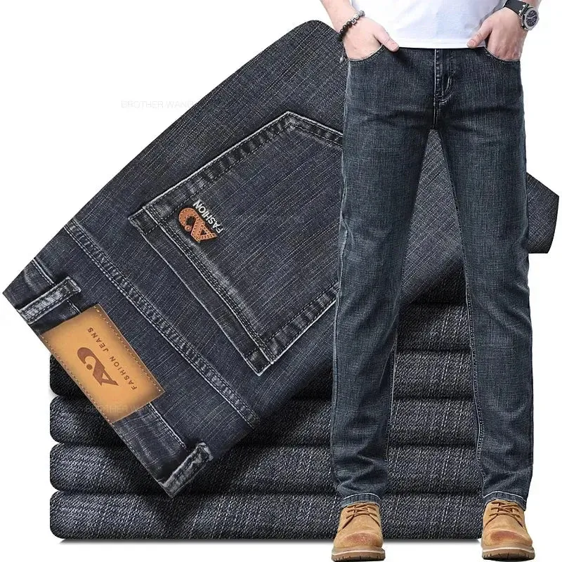New Men's Slim Jeans Light Blue Casual Stretch Denim Pants Classic