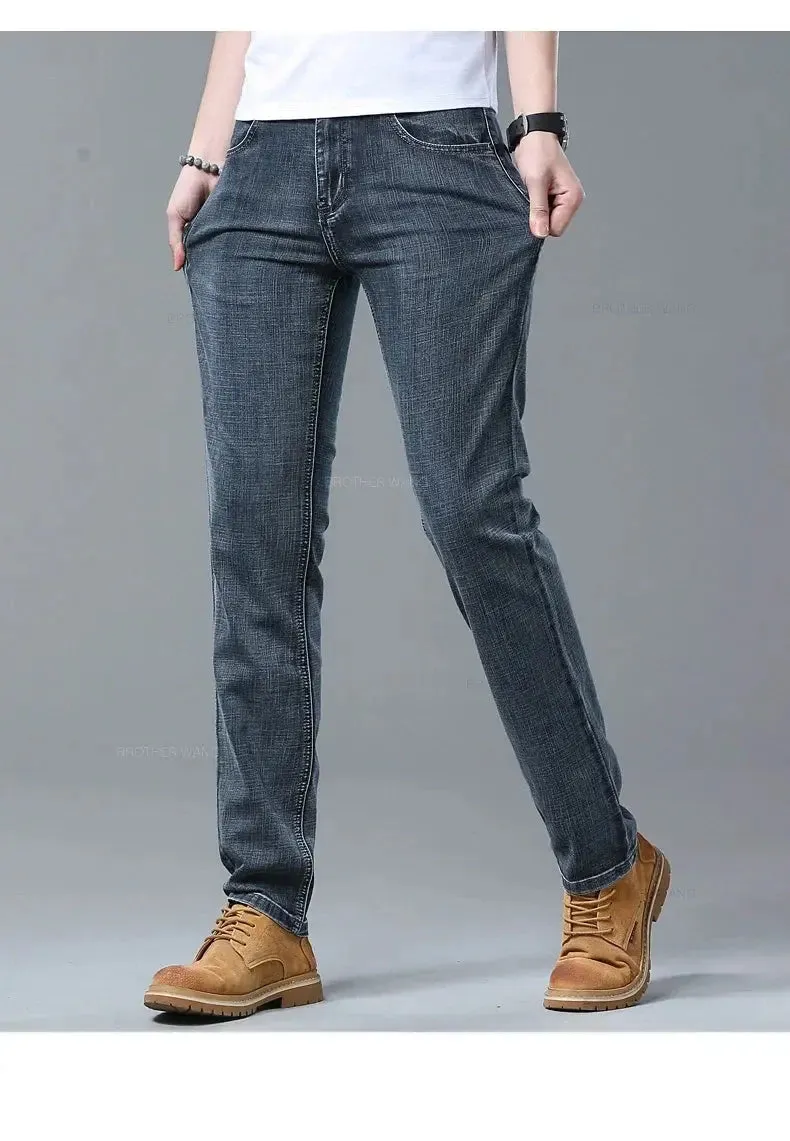 New Men's Slim Jeans Light Blue Casual Stretch Denim Pants Classic