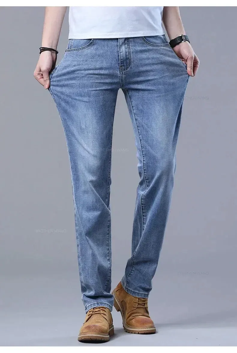 New Men's Slim Jeans Light Blue Casual Stretch Denim Pants Classic
