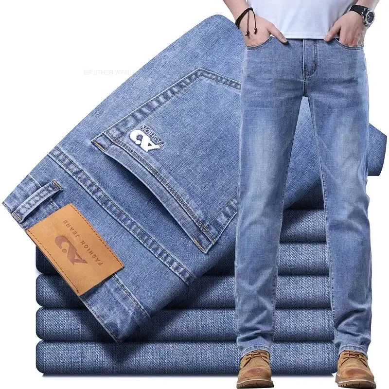 New Men's Slim Jeans Light Blue Casual Stretch Denim Pants Classic