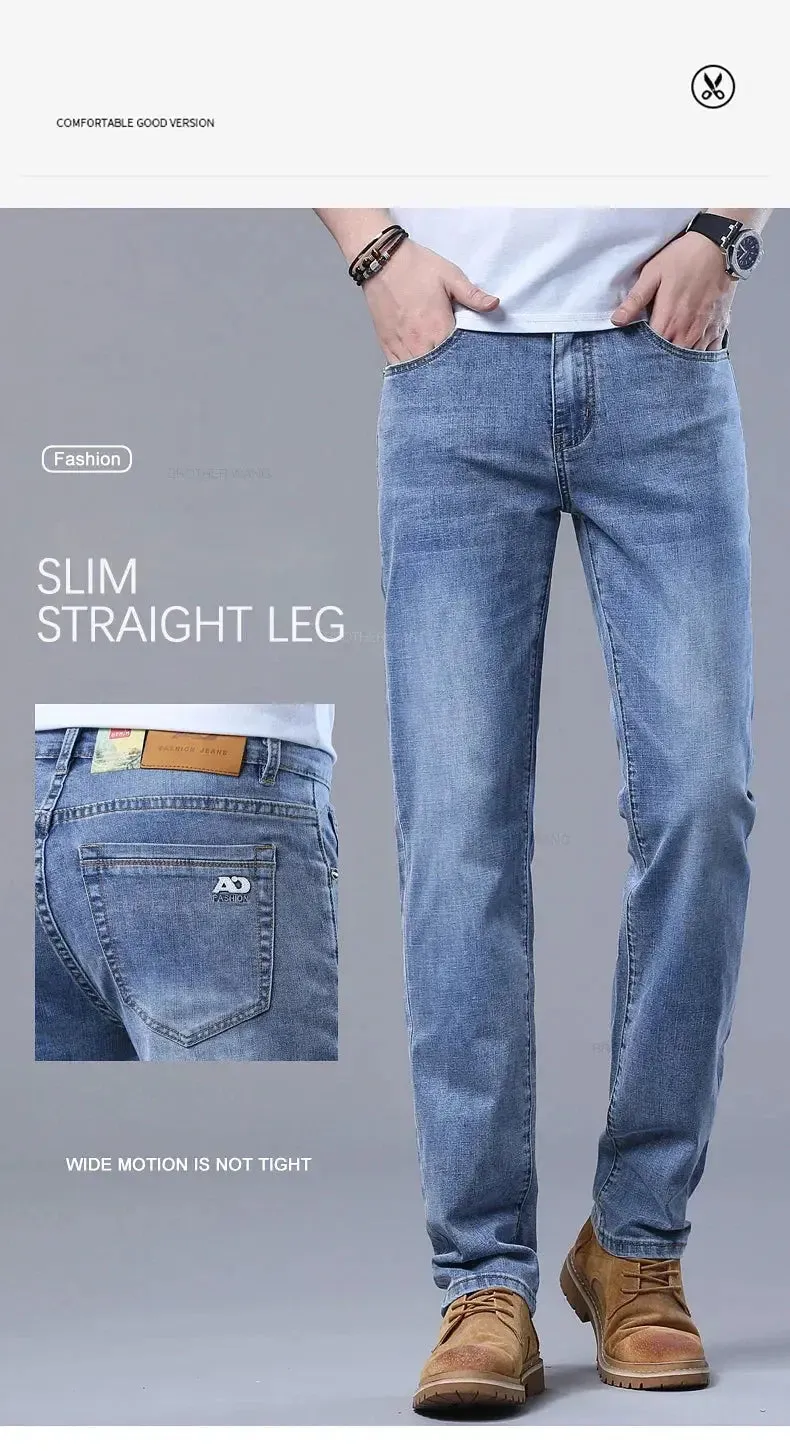 New Men's Slim Jeans Light Blue Casual Stretch Denim Pants Classic