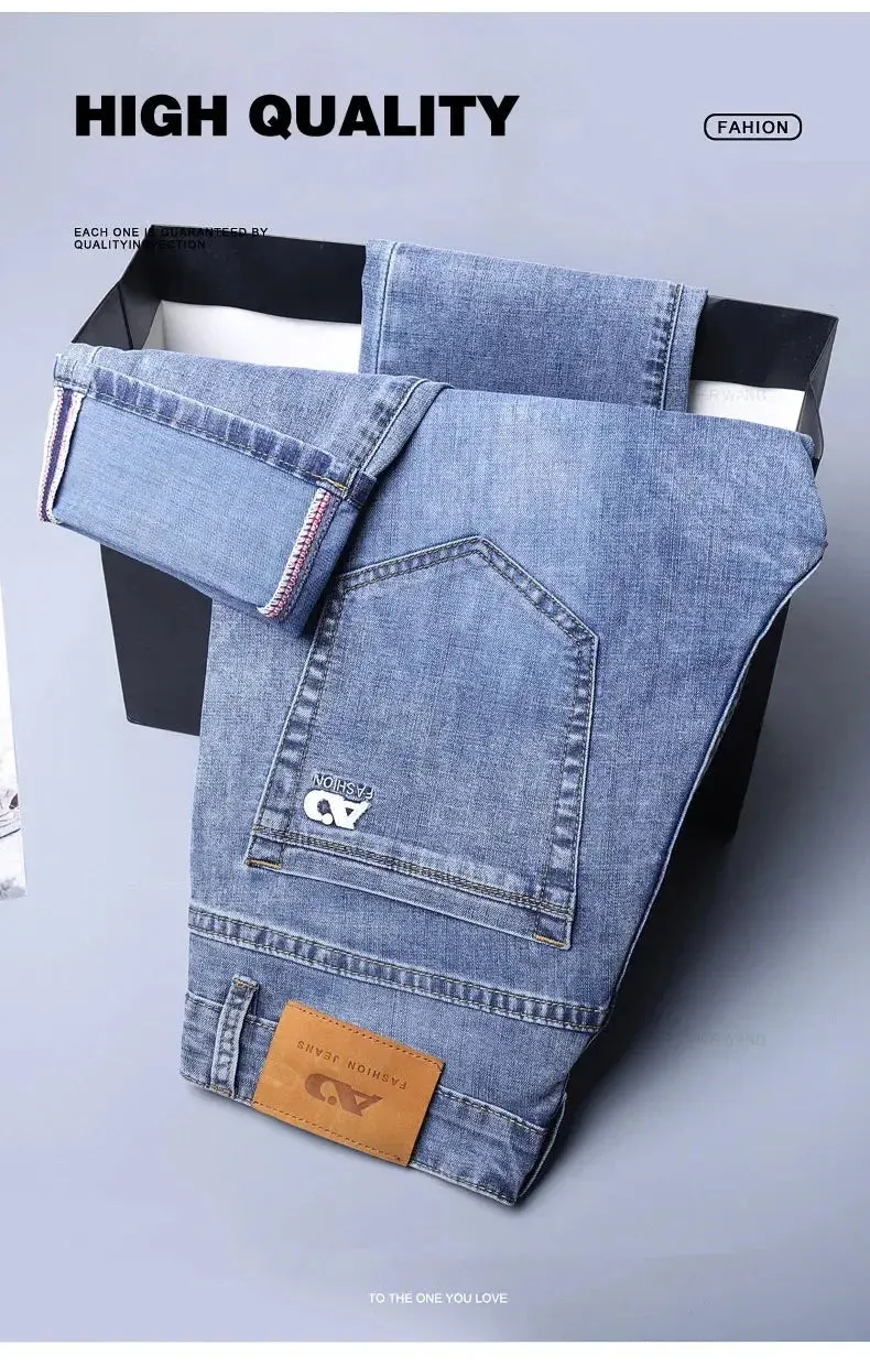New Men's Slim Jeans Light Blue Casual Stretch Denim Pants Classic
