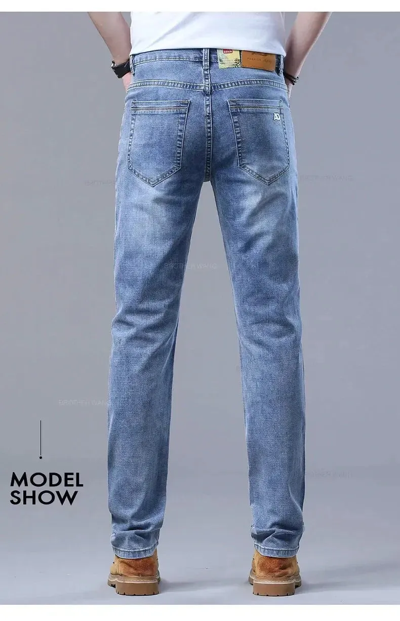 New Men's Slim Jeans Light Blue Casual Stretch Denim Pants Classic