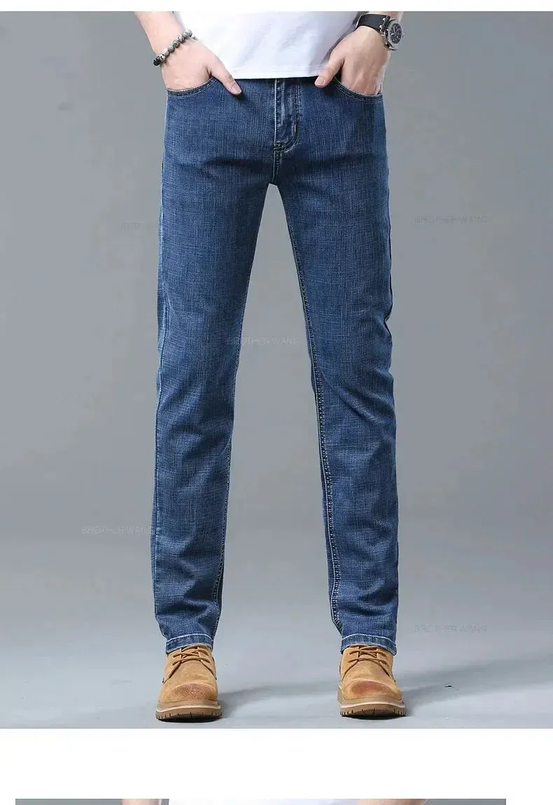 New Men's Slim Jeans Light Blue Casual Stretch Denim Pants Classic