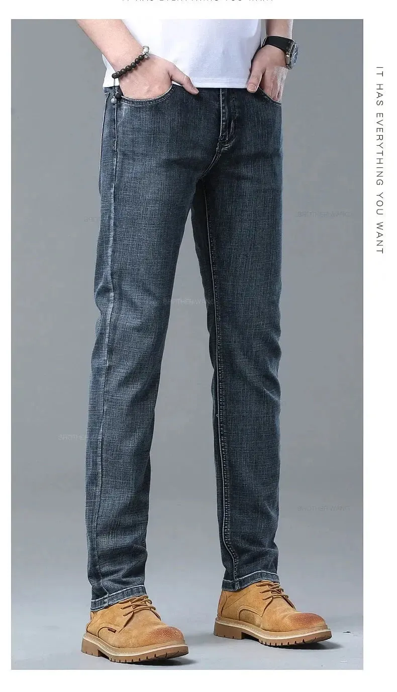 New Men's Slim Jeans Light Blue Casual Stretch Denim Pants Classic