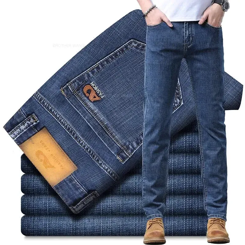 New Men's Slim Jeans Light Blue Casual Stretch Denim Pants Classic