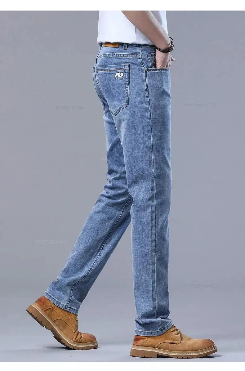 New Men's Slim Jeans Light Blue Casual Stretch Denim Pants Classic