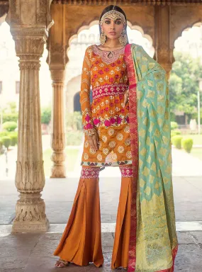 Pakistani designer embroidered chiffon outfit in orange color # P2343