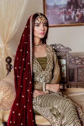 Pakistani embroidered chiffon party outfit in green and maroon color # P2448