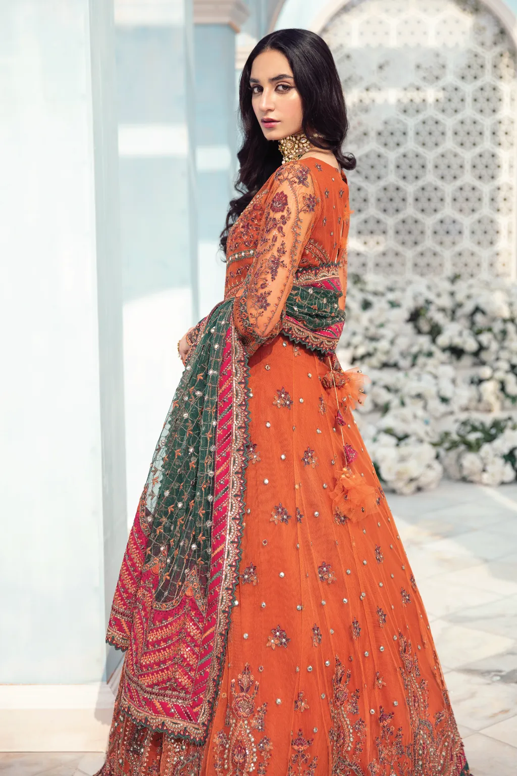 Party Wear Pakistani Long Dress in Rust Shade #PF475