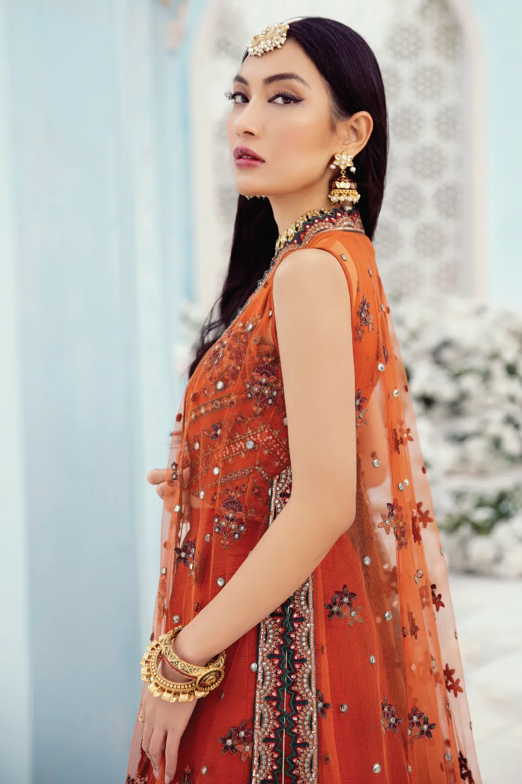 Party Wear Pakistani Long Dress in Rust Shade #PF475